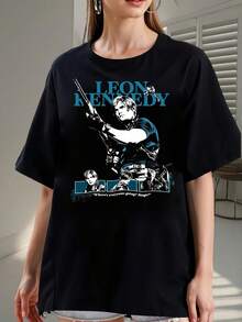 Lokales Lager Reines Baumwoll-Unisex-Y2K-Streetwear-Sommer-T-Shirt mit Leon-Kennedy-Druck 2026 - Hergestellt aus reiner Baumwolle, ist es weich und atmungsaktiv. - Schwarz - Übersicht 1