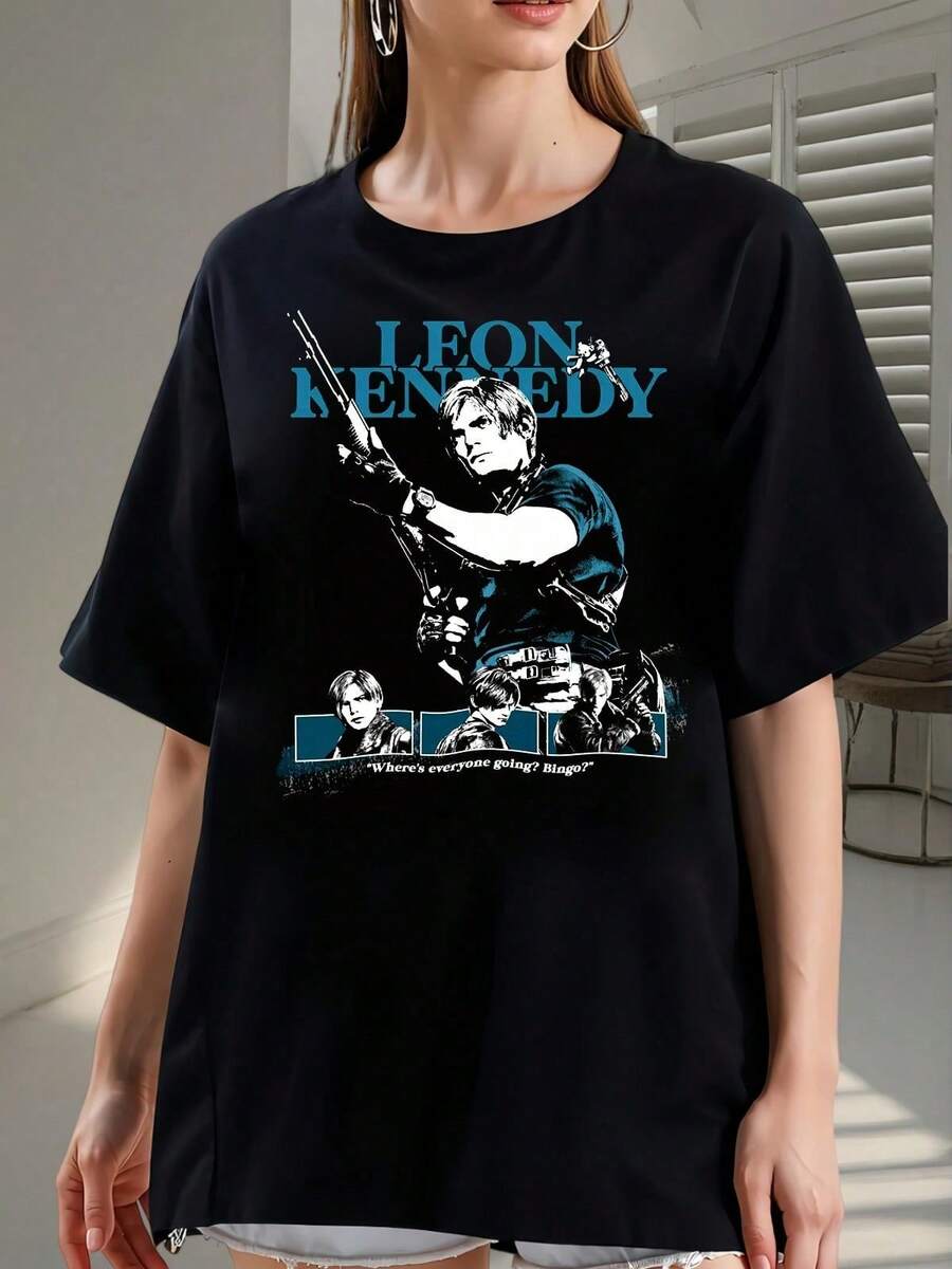 Lokales Lager Reines Baumwoll-Unisex-Y2K-Streetwear-Sommer-T-Shirt mit Leon-Kennedy-Druck 2026 - Hergestellt aus reiner Baumwolle, ist es weich und atmungsaktiv. - Schwarz - Übersicht 1