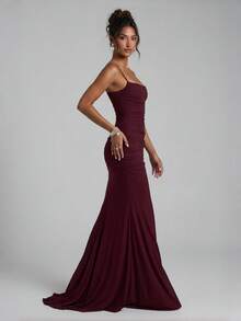 Elegant Sexy Pleated Backless Dress For Party, Evening Date, Anniversary, Graduation Party And Formal Dinner - Burgundy - View 4