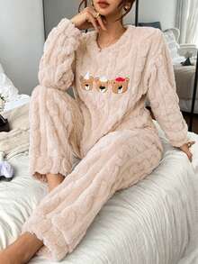 Dreamivo 2pcs/Set Piyama Musim Dingin Wanita Motif Beruang Lucu Bordir Tebal Lengan Panjang Celana Panjang Bahan Fleece - Aprikot - View 5