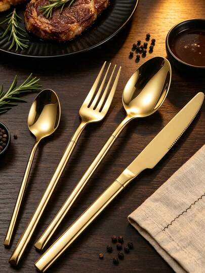 4pcs/16pcs/24pcs/32pcs Stainless Steel Knight Style Cutlery Set, Steak Knife, Fork, Spoon, Suitable For Dessert, Western Cuisine, Home Gathering, Hotel, Party, Restaurant, Wedding, Christmas Gift, Back To School, School Supplies
