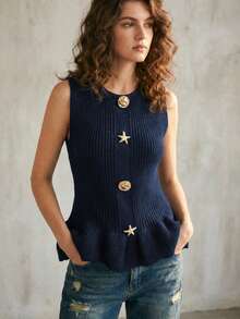 Women's Solid Color Round Neck Sleeveless Knit Tank Top, Metal Starfish Buttons, Slim Fit, Ruffle Hem, Lightweight Elegant Spring/Summer Style - Navy Blue - View 2
