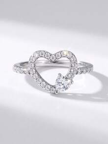 1pc Fashion 925 Sterling Silver Rhinestone Heart Ring, Embedded With Diamonds, Suitable For Daily Wear And Party Occasions, High-Quality Jewelry Gift - Style 1 - View 8