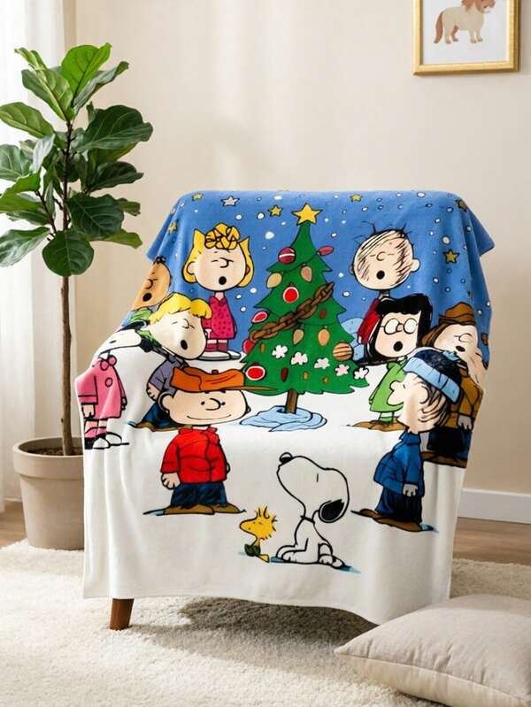Snoopy Christmas Tree Peanuts Cartoon Gang Flannel Blanket, Winter Snowflake & Star Decor Cartoon Scene Print Soft Fleece Sofa Throw, Cozy Comfortable Holiday Decorative Blanket, Peanuts Cartoon Fan Christmas Indoor Bedroom Leisure Accessory