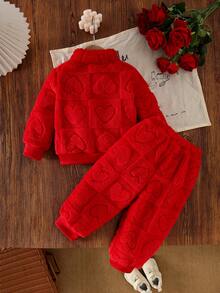 Baby Girl Autumn/Winter Double-Sided Fleece 2 Pieces Set, Thickened Warm Heart-Embossed Stand Collar Zipper Jacket + Cuffed Pants, Soft Skin-Friendly No-Pilling, Suitable For Autumn/Winter Daily Wear - Red - View 2