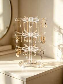 Double-Layer Rotating Jewelry Display Stand, Transparent Plastic Storage Organizer, Rotatable, Suitable For Keychains, Necklaces, Bracelets, Earrings, Brooches And Pendants, Multi-Functional Desktop Storage Rack, Suitable For Home, Shop Or Travel - Clear - View 4