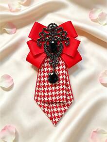 Vintage Houndstooth Bow Tie Necklace, Satin Bow With Rhinestone Decor Neckpiece, Preppy Shirt Collar Accessory - Tie - View 5