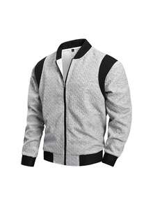 Men's Spring/Autumn Colorblock Patchwork Baseball Collar Varsity Jacket - Grey - View 3