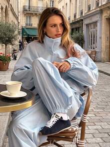Fashion Women's Loose High Neck Button Pleated Detail Design Jacket And Tapered Leg Pants Two Pieces Set Elegant Fall - Light Wash - View 6