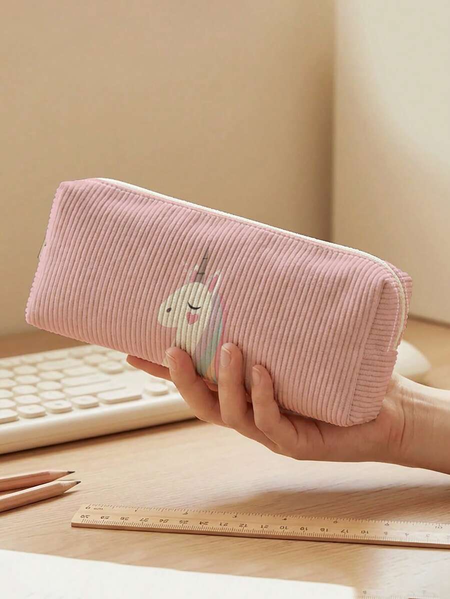 1pc Pink Unicorn Print Corduroy Pencil Case, Zipper Large Capacity Stationery Storage Pouch For Student School Daily Study - Multicolor - View 1
