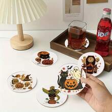 1 Set Wooden Halloween Ghost Pumpkin Coasters With Cork Base And Iron Frame, Gothic Wooden Beverage Coasters, Suitable For Halloween Party Supplies, Gift For Friends - Multicolor - View 7