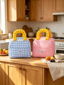 1pc/6pcs Back To School Cute Number Handle Lunch Tote Bag, Classic Plaid And Solid Color Options, Front Extra Pocket, Smooth Zipper, Large Capacity Interior Space For Meals And Utensils, Portable Design Suitable For Daily Commute, Picnic And Outdoor Short Trips - Multicolor - View 4