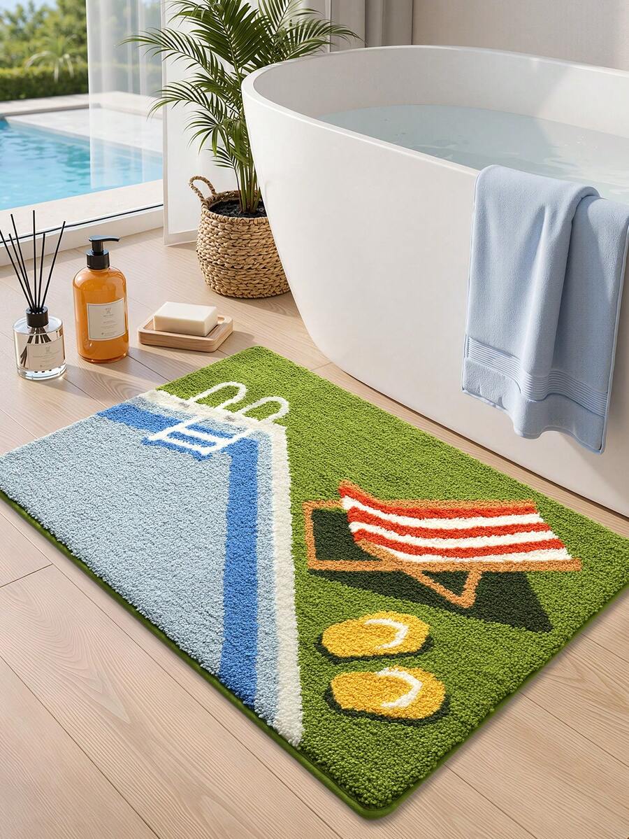 1pc Bathroom Floor Mat Carpet, Flocked Flocked Comfortable Foot Feel, Summer Pool Beach Bath Mat, TPR Backing Anti-Slip, Kitchen, Outdoor, Indoor, Hallway, Bedroom, Living Room, Bedside Rug, Machine Washable Easy To Clean, Bedroom Bathroom Decor