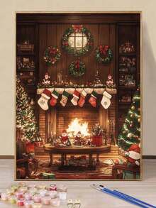 Christmas Cozy Fireplace DIY Oil Painting By Numbers Festive Wreath Stocking Santa Claus Christmas Tree Warm Living Room Painting Canvas Crafts Adult Home Decoration 8x12/16x20inch Holiday Gifts - Sets - View 1