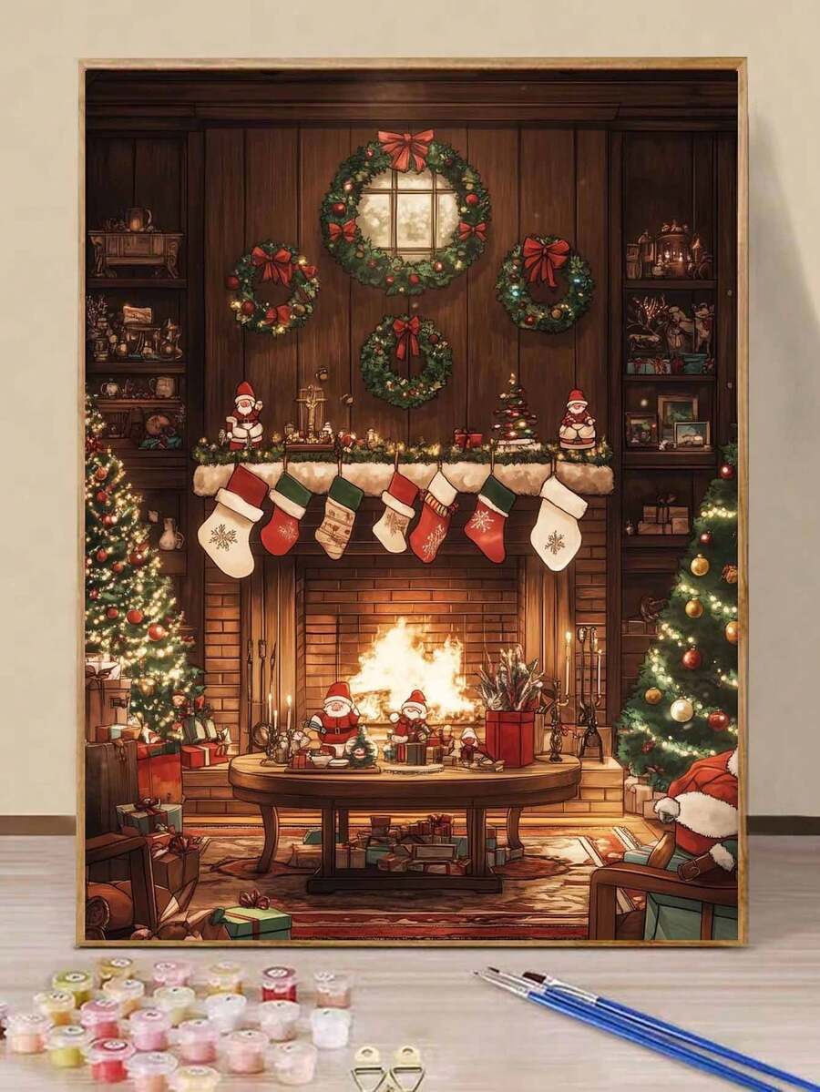 Christmas Cozy Fireplace DIY Oil Painting By Numbers Festive Wreath Stocking Santa Claus Christmas Tree Warm Living Room Painting Canvas Crafts Adult Home Decoration 8x12/16x20inch Holiday Gifts - Sets - View 1