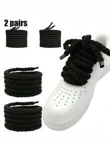 2 Pairs Round 8mm/5mm Solid Color Handmade Woven Shoelaces For Platform Sneakers & Chunky Sneakers - 8mm+5mm Black - View 11