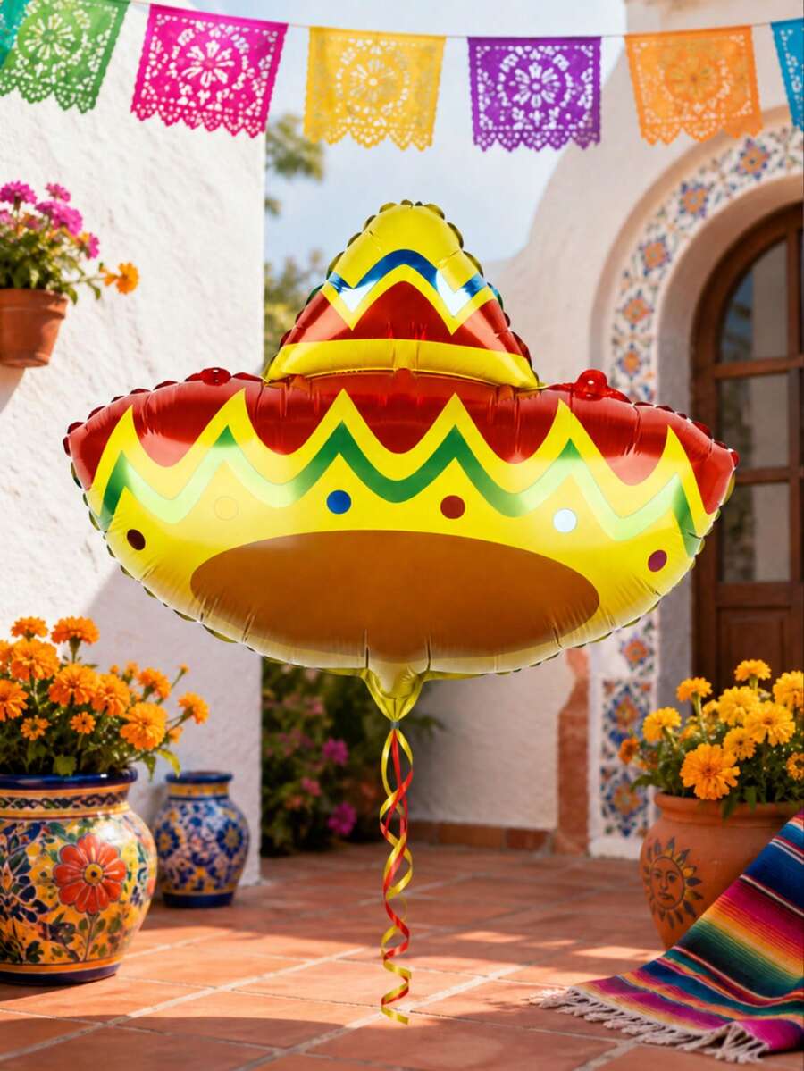 1/3pcs Mexican Hat Aluminum Foil Balloons, Contrast Print Design, Vibrant Retro Colors, Suitable For Mexican Theme Party, Carnival, Exotic Birthday, Festival Event Decoration And Photo Props - Multicolor - View 1