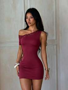 Women's Summer Red Asymmetrical Shoulder Lace Hollow Mini Dress For Birthday, Holiday, Party - Burgundy - View 7