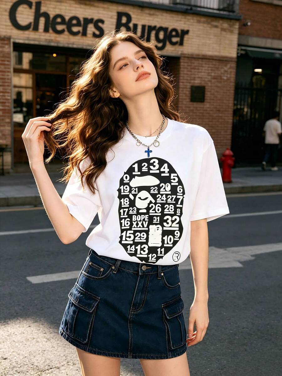 Local Warehouse Pure Cotton Unisex Y2K Streetwear Summer Black White Number Collage Large Portrait Unisex White Tee - White - View 1
