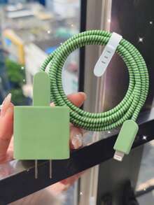 5件裝高級純色TPU防摔充電線保護套，線材收納整理器，相容Apple 18W/20W充電器 - 磨砂綠 - 查看 5