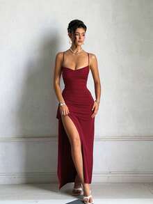 Women's Summer Red Cowl Neck Spaghetti Strap Slit Dress, Birthday Holiday Party Beach - Burgundy - View 2