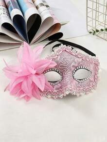 1pc Halloween Venetian Lace Mask With Side Floral Rhinestone Half Face Eye Mask, Unisex Costume Accessory For Masquerade Ball, Carnival Party, Photo Props - Multicolor - View 3
