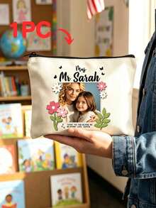 Custom Photo Canvas Zipper Pouch Personalized Teacher Name Floral Butterfly Frame Makeup Bag, Custom Upload Picture Teacher Appreciation Gift With Daisy Border, Stationery Cosmetic Storage Bag For Teacher's Day Back To School Daily Carry Organizer - Multicolor - View 11