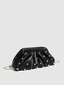 Vintage-Style Pleated Clutch With Rivet Decoration, Ruffled, Cloud-Patterned Beach Bag For Women, Fashionable Clutch Handbag With Chain Strap - Black - View 4