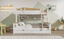 Double Bed Frame With Windmill, With Shelves, Children's Bed, With Colorful Safety Net, With 4-Step - Natural and White - 查看 5