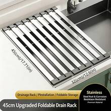 1pc Foldable Stainless Steel Kitchen Sink Drain Rack, Rust-Proof Roll-Up Design, Compact And Durable - Multicolor - View 7