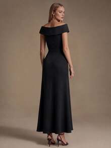 EVERPRETTY 女款優雅高貴不對稱荷葉邊V領魚尾中長正式晚禮服,秋季婚禮賓客禮服,適合晚宴與婚禮 - 黑色 - 查看 3
