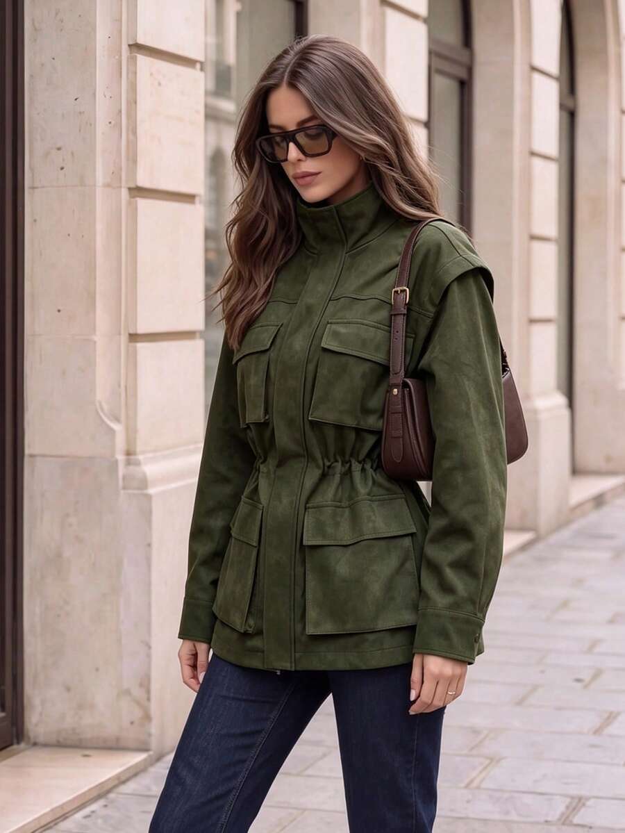 Women Fall Faux Suede Field Jacket, Stand Collar Drawstring Waist Multi‑Pocket Long Sleeve Utility Outerwear Coat - Army Green - View 1