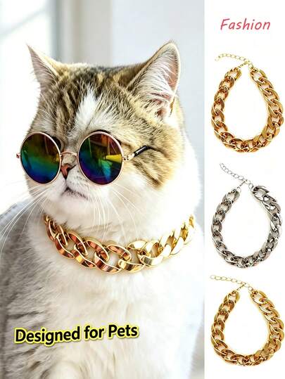 Fashion Pet Gold Chain Collar | Electroplated Process Won't Fade, Detachable, Adjustable Length | Suitable For Small To Medium Cats And Dogs As A Decorative Collar, Great For Photo Props