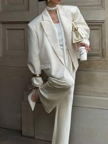 Commute Work Daily Outing Versatile Minimalist Solid Color Long Sleeve Blazer Jacket Fall - Apricot - View 1