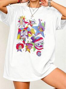 Plus Size Women's Colorful "Magic Number" Cartoon Print T-Shirt, Casual Daily, Summer White - White - View 3