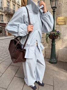 Fashion Women's Loose High Neck Button Pleated Detail Design Jacket And Tapered Leg Pants Two Pieces Set Elegant Fall - Light Wash - View 3