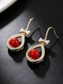1 Pair Of Fashionable Personalities Bowknot Faux Pearl Earrings Suitable For Women's Daily Commuting ﻿ - Red - View 2
