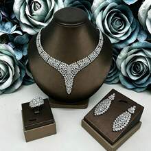 4pcs Fashion Middle East Saudi Copper Cubic Zirconia White Necklace, Earrings, Bracelet, Ring 4-Piece Jewelry Set. Luxury Necklace Set Jewelry. Suitable For Evening Party, Valentine's Day Gift - White - View 2