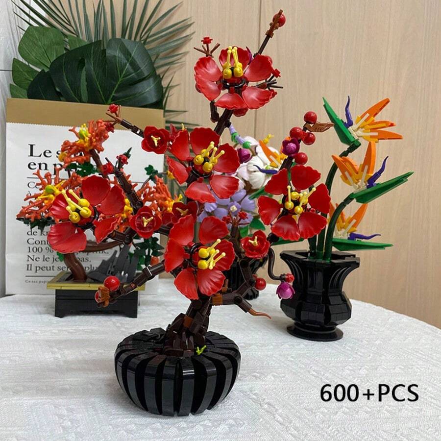 600+片梅花盆栽積木,ABS小顆粒積木模型裝飾品,創意花卉盆景組裝套件,植物藝術展示模型,居家裝飾與收藏的獨特禮物 - 彩色 - 查看 1