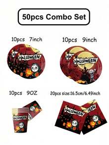 Juego de 50 piezas de vajilla desechable para Halloween, platos de papel, vasos y servilletas con estampado de casa embrujada, calabaza, murciélago y Trick or Treat, tema clásico de Halloween naranja, suministros para fiesta infantil, elementos esenciales para la decoración de la mesa de cena familiar de Halloween - Multicolor - Ver 11