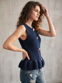Women's Solid Color Round Neck Sleeveless Knit Tank Top, Metal Starfish Buttons, Slim Fit, Ruffle Hem, Lightweight Elegant Spring/Summer Style - Navy Blue - View 4