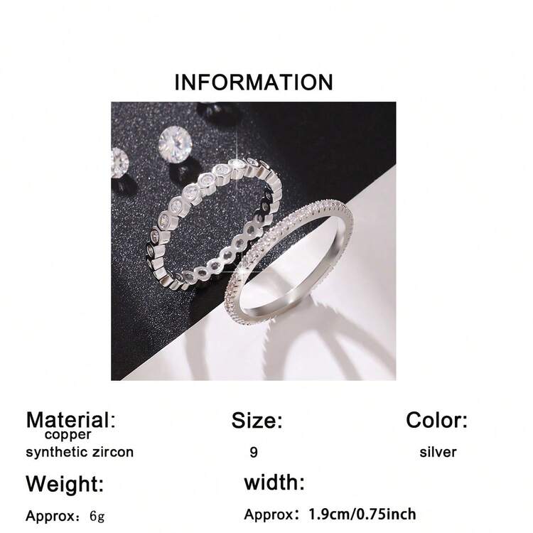 2pcs Elegant Sparkling Cubic Zirconia Couple Rings Set, Suitable For Wedding, Engagement, Valentine's Day, Anniversary Gift - Silver - View 7