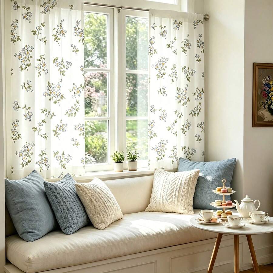 2PCS Elegant White Fabric With Tiny Floral Print Light Sheer Curtains, Semi-Sheer For Privacy Protection. Easy Rod Pocket Installation,Fade-Resistant After Washing, Lightweight And Washable. Ideal For Home, Room And Kitchen Decor & Space Dividers. - Multicolor - View 1