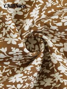 Women's Long Floral Print Skirt With Casual Elastic Waist And Ruffled Hem, A-Line Skirt For Spring And Summer Vacations - Khaki - View 5