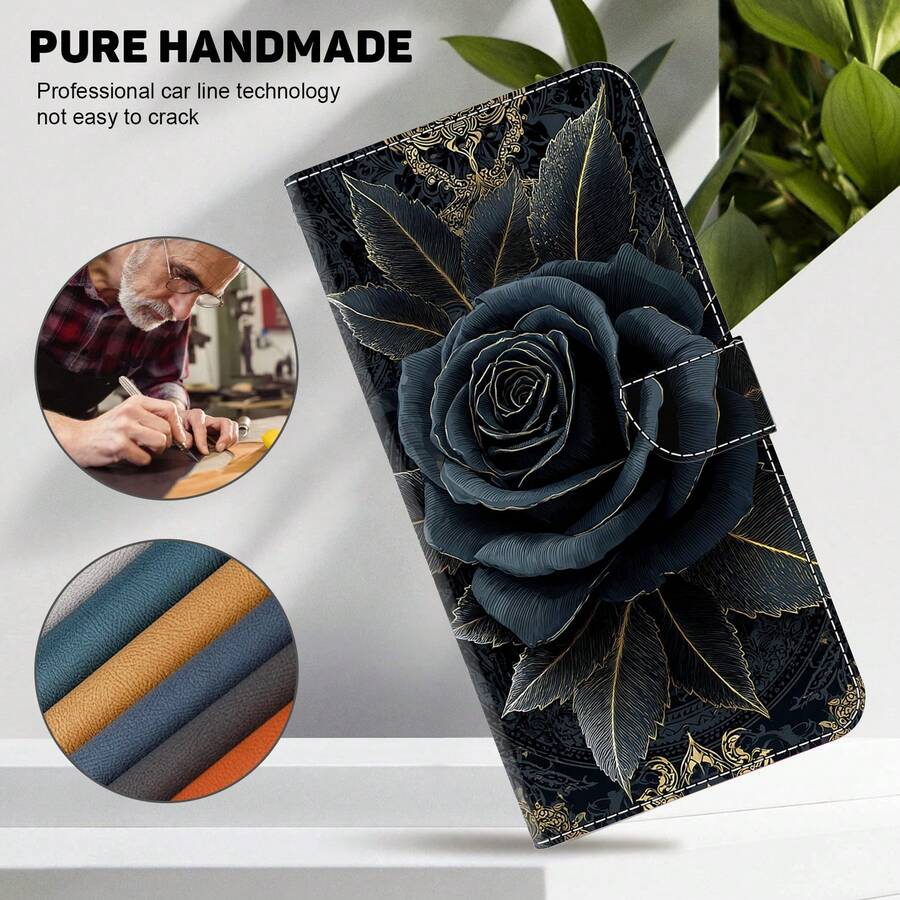 GLANDOTU Vintage Gothic Black & Gold Rose Pattern PU Leather Phone Wallet Case, With Card Slots, Lanyard And Flip Cover Stand, Compatible With Multiple Phone Brands And Models - Multicolor - View 1