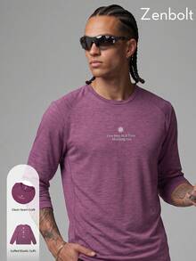 Zenbolt Men's Crew Neck Long Sleeve Top, Raglan Sleeve Cut, Chest Slogan Letter Print,Heather Soft Fabric, Slim Fit For Daily Casual Matching - Purple - View 1
