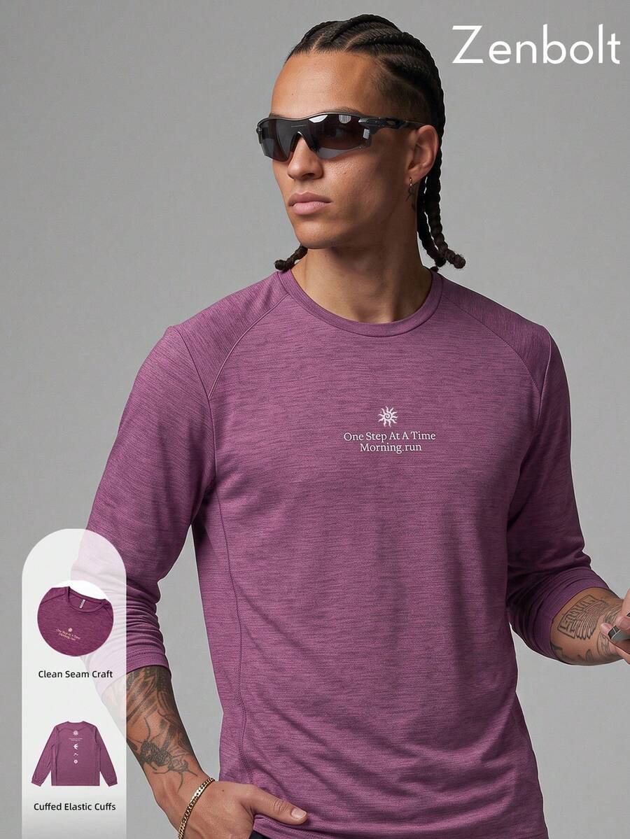 Zenbolt Men's Crew Neck Long Sleeve Top, Raglan Sleeve Cut, Chest Slogan Letter Print,Heather Soft Fabric, Slim Fit For Daily Casual Matching - Purple - View 1