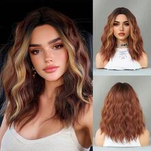 7JHH WIGS Short Wavy Dark Brown Wig Mixed Beige Highlight Wigs For Women 14 Inch Shoulder Length Bob Curly Middle Part Wigs, Natural Synthetic Heat-Resistant Fiber Hair For Daily Cosplay Party Use - Multicolor - View 11