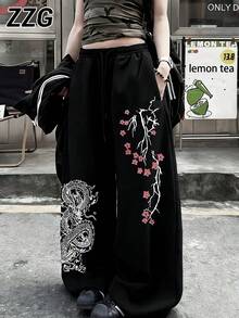 ZZG 春夏女款「龍與花卉」印花街頭風黑色前口袋簡約時尚日常寬鬆抽繩長褲 - 黑色 - 查看 1