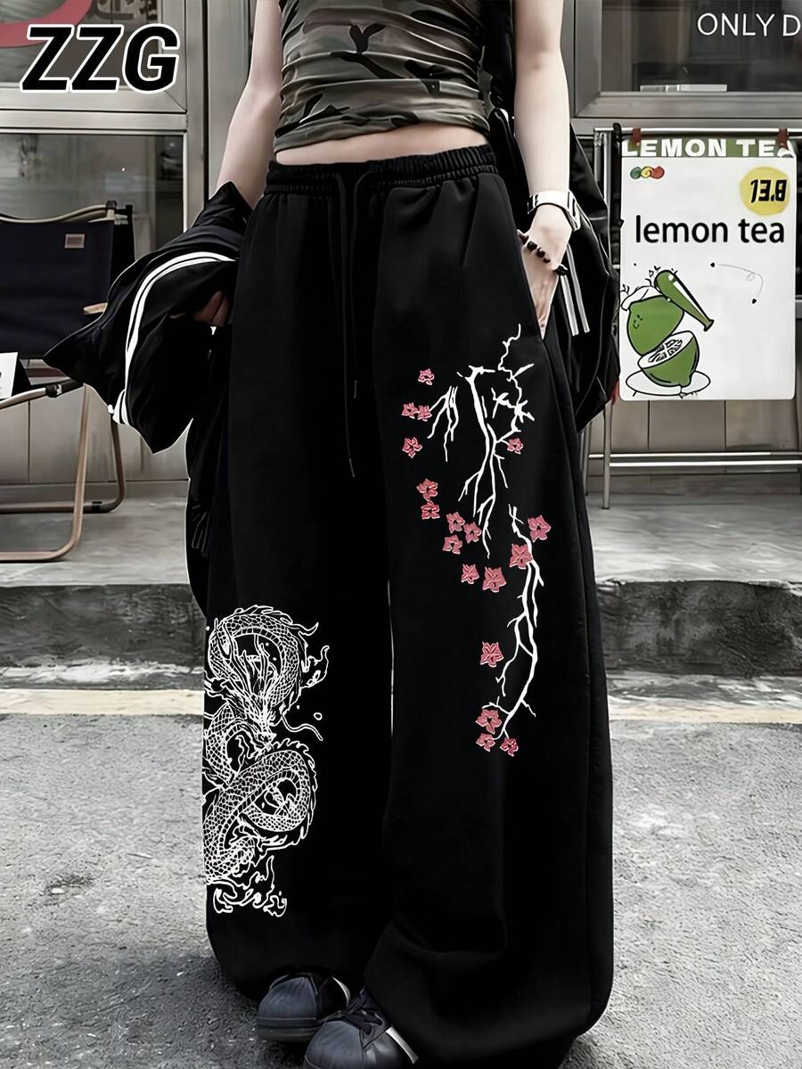 ZZG 春夏女款「龍與花卉」印花街頭風黑色前口袋簡約時尚日常寬鬆抽繩長褲 - 黑色 - 查看 1